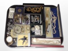 A collection of jewellery including amber-coloured bead necklace, fob watches,