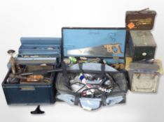 Several boxes of tools including woodworking planes, vintage joinery tools, oil can, etc.