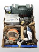 A group of hand and power tools, tabletop disc grinder, etc.