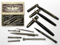 Three Swan fountain pens with 14ct gold nibs, a Conway Stewart 'Nippy' propelling pencil,