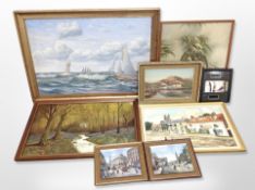 An antiquarian oil on canvas of sailing ships in rough seas, dated 1919,