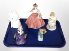 A Coalport Ladies of Fashion figure, 'Flora', together with four Royal Doulton figures.