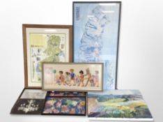 A group of pictures and prints, map, needlework, unframed oil on canvas, etc.