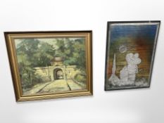 Danish school : Figures by an archway, oil on canvas, 65cm x 55cm,