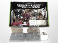 A group of mixed costume jewellery, gent's wristwatches, jewellery display stands.