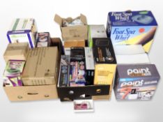 A group of electricals and home appliances, all boxed, together with an iCube II speaker,