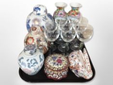 A Japanese Imari export porcelain figure of a rabbit, together with three oriental ginger jars,