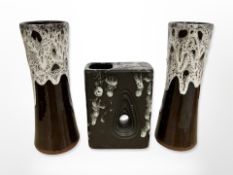 A pair of West German pottery 'Lava' vases and a further 'Avocado vase, tallest 23cm.