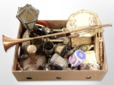 A group of metal wares including pair of brass fire dogs, copper horn, antique brass microscope,