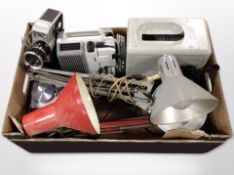 Two vintage angle-poise lamps, a Japanese Cinemax autogrip handheld video camera,