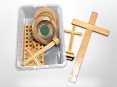 An oak crucifix, length 76cm, together with two others, two turned wooden communion bowls, etc.