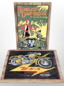 A painted Harley Davidson sign, plus another BSA sign, 60cm x 40cm.