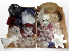 Assorted 20th-century continental glass wares including blue glass bottles, crystal vases,