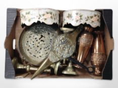 A brass bed-warming pan, pair of bellows, candlesticks, copper-plated vases, etc.
