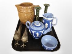 A Dudson Brothers blue and white Jasperware teapot, jug and matching sugar bowl,