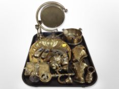 Brass wares including gong and beater, pair of wall pockets, candlesticks, vintage steel corkscrew,