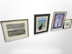 A limited edition continental colour print depicting a cat by a window, 48cm x 58cm,