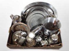 Silver-plated and steel wares including ice bucket, serving trays, cocktail shaker, dishes, etc.