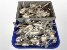 A wooden cutlery tray containing mixed EPNS and stainless steel cutlery.