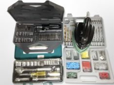 A vintage John Wright enamelled iron and three cased tool sets.