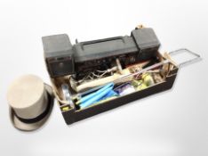 A gent's Moss Bros formal hat, Saisho twin-cassette stereo radio, vintage tins, drinking glasses,