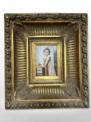 Contemporary school : A young girl beside a rush-seated stool, oil on panel, 16cm x 11cm,