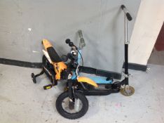 A child's bike, two scooters, together with a further child's plastic car, garden slide, etc.