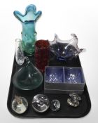 A group of art glass vases and paperweights, boxed pair of Stuart crystal rummers, etc.