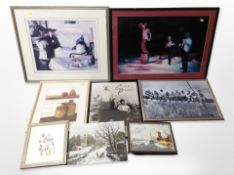 A group of pictures and prints, Tyneside cinema poster, still-life oil signed P Swarbrick, etc.