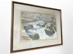 G Hurst (contemporary school) : Autumn Shotley Bridge, watercolour, 26cm x 39cm.