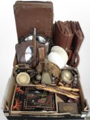 A collection of treen oriental lacquered photo album, wrought-metal framed mirror,