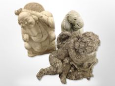Three concrete garden ornaments including Buddha, cherub and elephant,