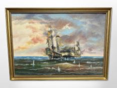 J Harvey (20th century): Battleships exchanging cannon fire, oil on canvas,