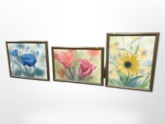 Michelle Hand : Still life of flowers, three acrylics on canvas,