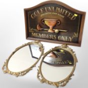 A painted St Andrews golf sign, width 57cm, together with two reproduction gilt mirrors.