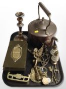 A Victorian copper kettle, copper-plated candlestick, pair of brass and mother of pearl sifters,