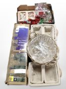 A group of wicker and canvas baskets, together with an artificial Christmas tree in box,