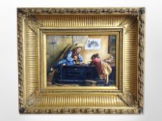 Contemporary Continental School : Boy and girl playing cards, oil on board,