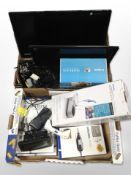 A group of home electricals, dremel tool, photopaper and printer, two LCD TVs, etc.