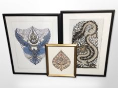 Three Eastern gilt cut-out pictures depicting a dragon, Buddha, etc., largest 68cm x 46cm overall.