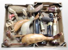 A group of wooden animal ornaments, contemporary gilt Egyptian-style figures, etc.