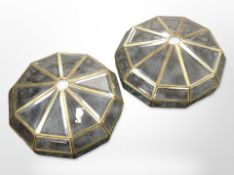 A pair of brass and bevelled glass pendant light shades, diameter 32cm.