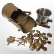 A trench art sugar bowl, a small pot supported by three inert rifle cartridges,