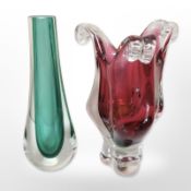 A Whitefriars green glass vase, no. 957, height 20.