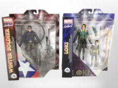 Two Marvel Select figurines, Loki and the Winter Soldier, boxed.