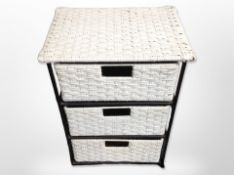 A painted wicker and metal three-drawer chest, height 61cm.