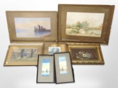 A group of antiquarian and later watercolours, still-life oil painting,