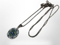 A silver-mounted Italian glass Millefiori pendant on silver ball chain.