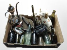 Antique bottles, Eastern enamelled coffee pot, brass horn,