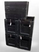 Five vintage painted pine bottle crates, each 47cm wide.